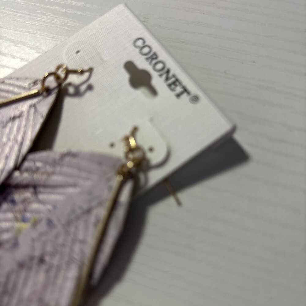Coronet Lavender Floral Faux Leather Feather Leaf Fringe Statement Earrings NEW - Picture 2 of 3